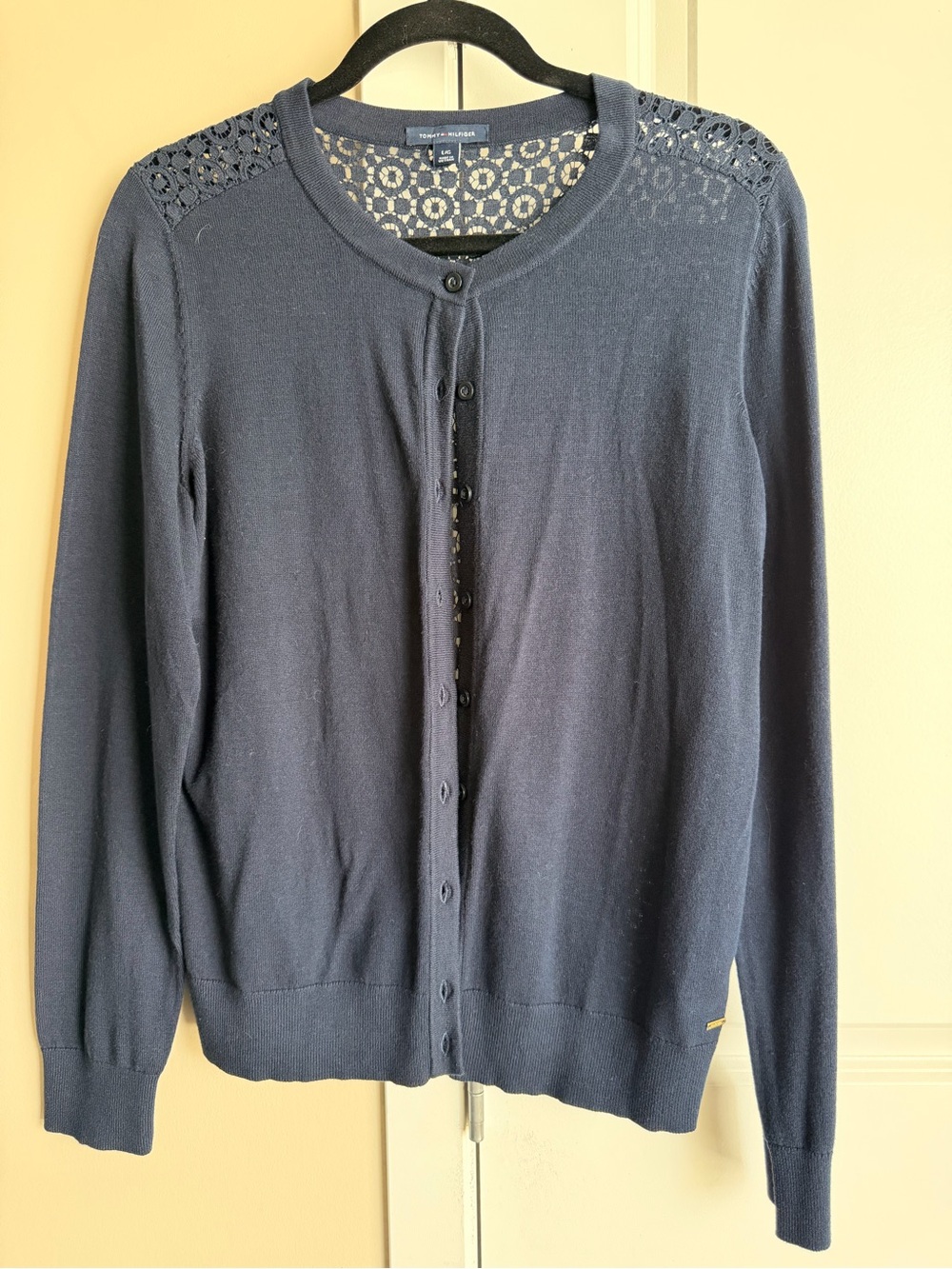 Tommy Hilfiger Navy Crochet-Shoulder Button-Front Cardigan